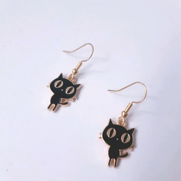 Cat Earrings Small Dangling Kitty Gold-tone Stainless Steel Hook Earrings - Picture 5 of 7